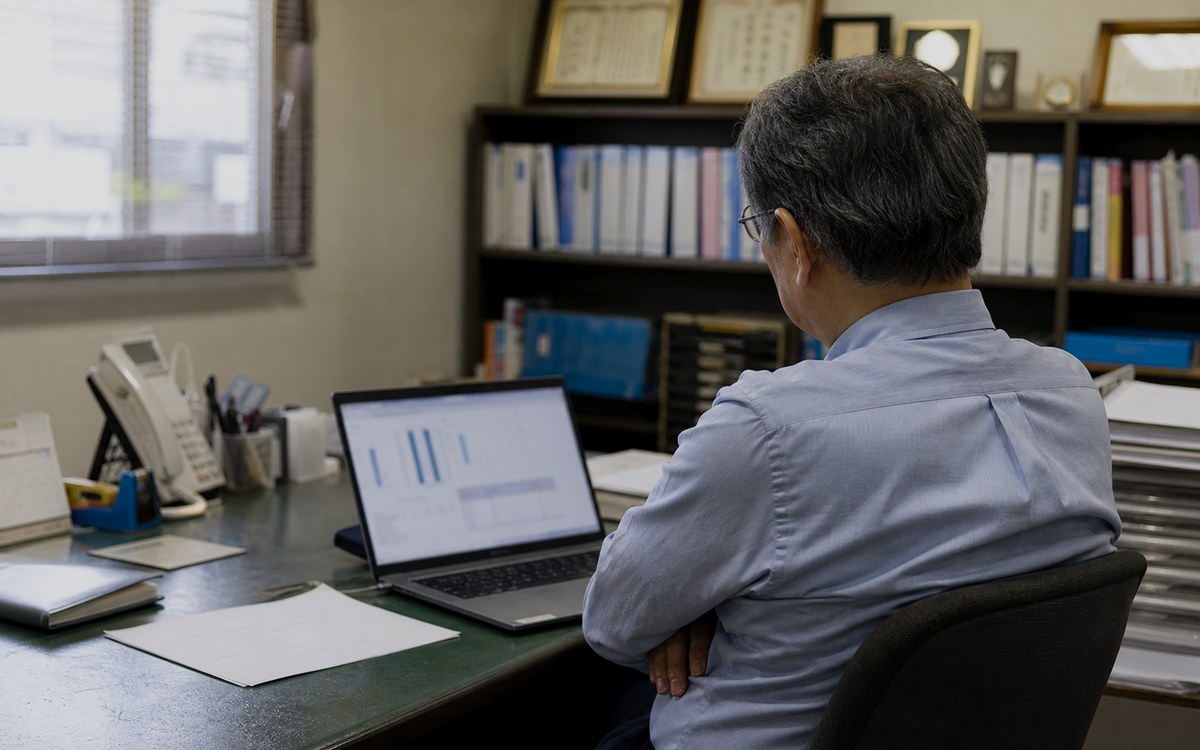 事務所の机で、ノートパソコンに表示されたグラフを見ている経営者の後ろ姿