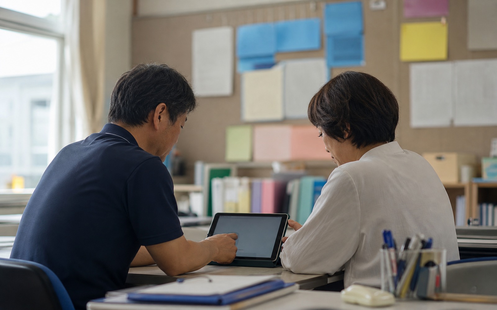 事務所の机で、タブレットの画面を二人で見ながら話している様子
